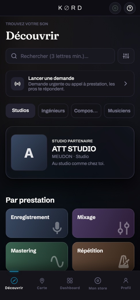 Écran Découvrir : studios, ingénieurs, compositeurs et musiciens par prestation